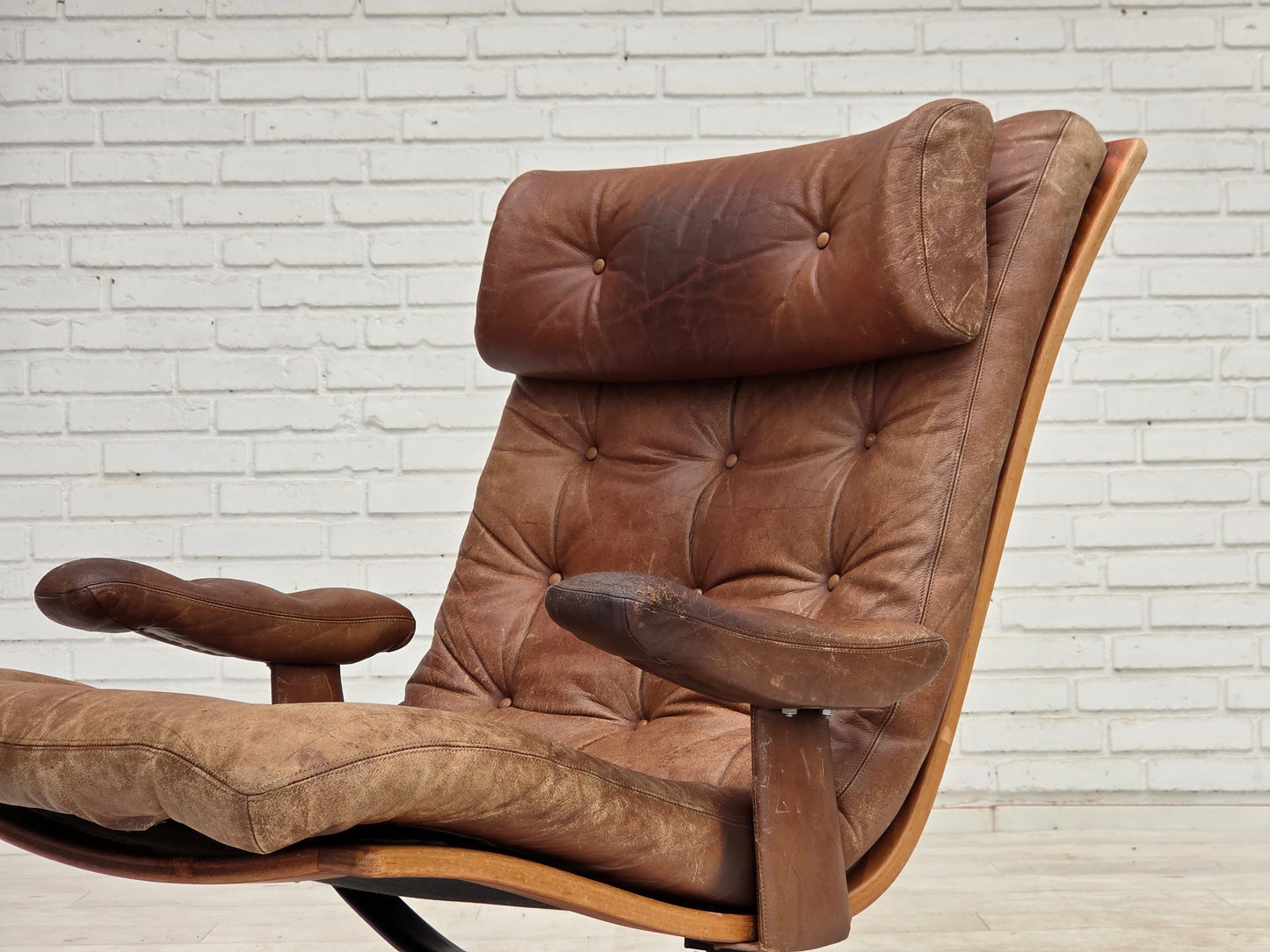 1960s, Scandinavian swivel armchair, brown furniture leather.