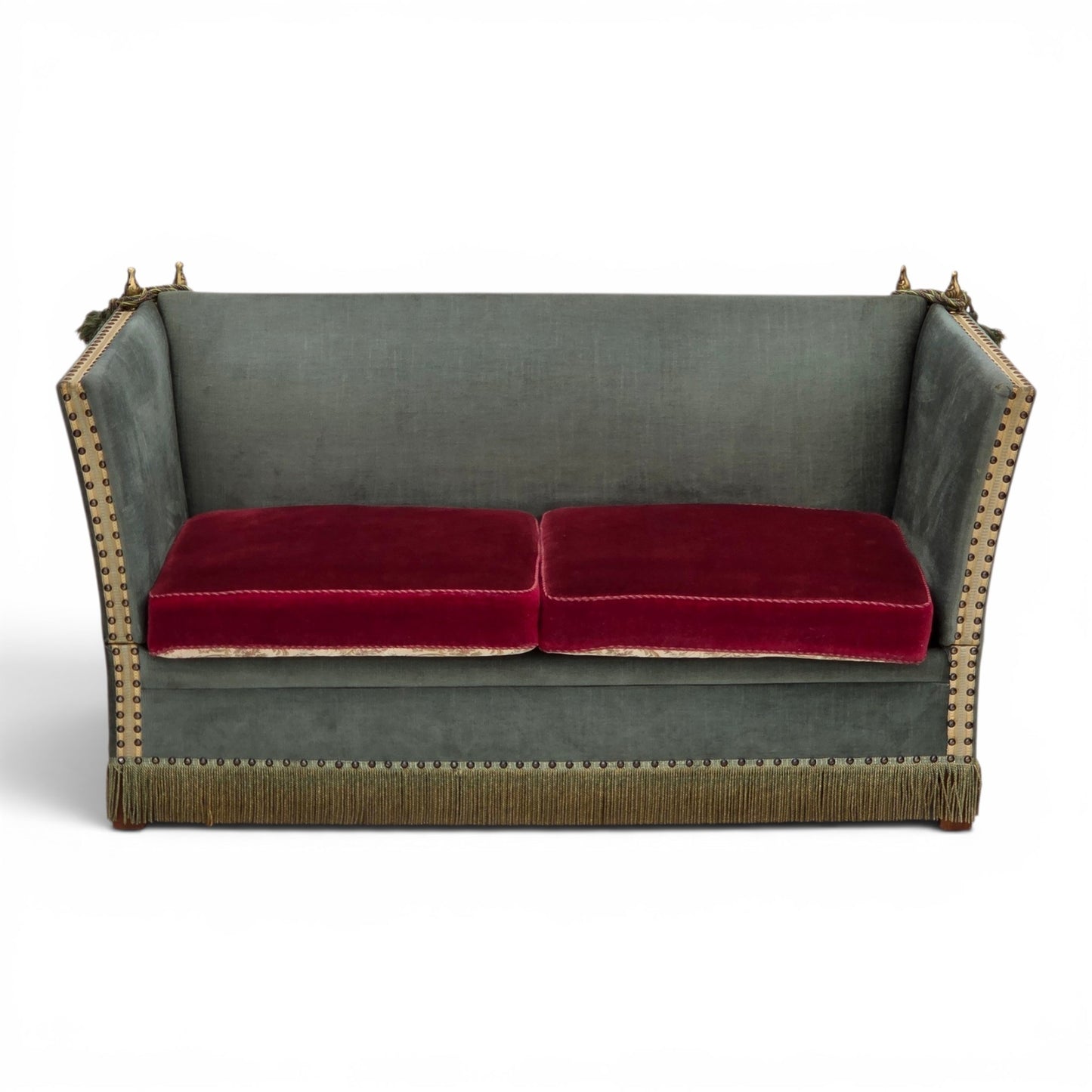 1970s, Danish 2-seater drop arm "Spanish" sofa, green and red velour.