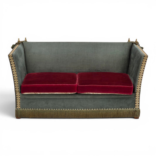 1970s, Danish 2-seater drop arm "Spanish" sofa, green and red velour.
