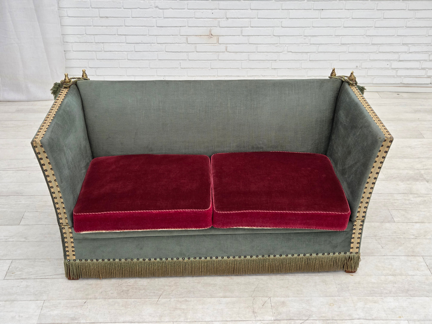 1970s, Danish 2-seater drop arm "Spanish" sofa, green and red velour.
