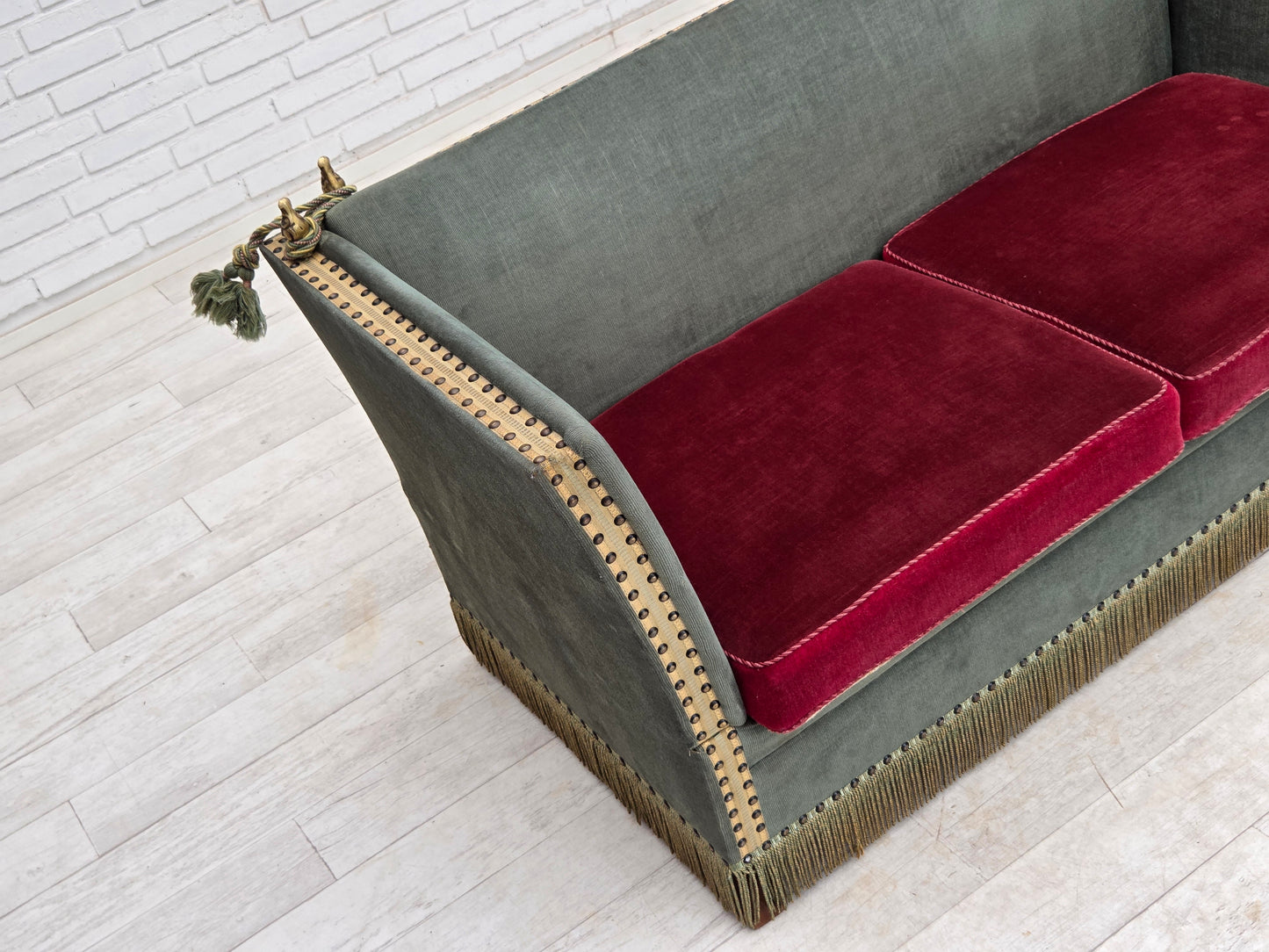 1970s, Danish 2-seater drop arm "Spanish" sofa, green and red velour.