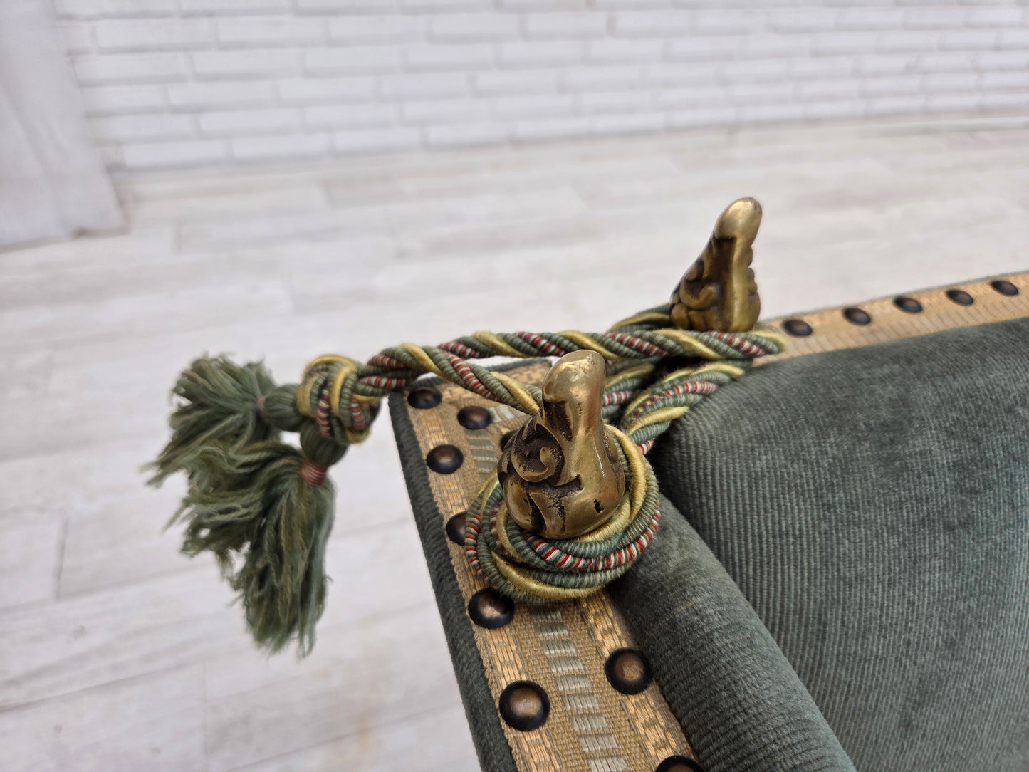 1970s, Danish 2-seater drop arm "Spanish" sofa, green and red velour.