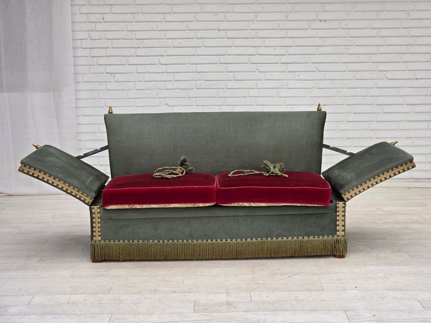 1970s, Danish 2-seater drop arm "Spanish" sofa, green and red velour.