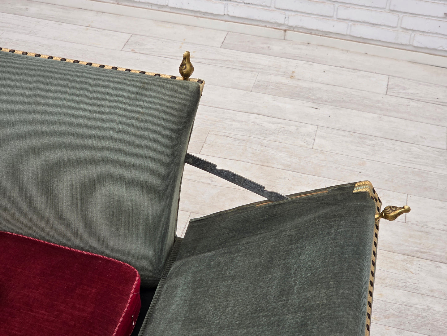 1970s, Danish 2-seater drop arm "Spanish" sofa, green and red velour.