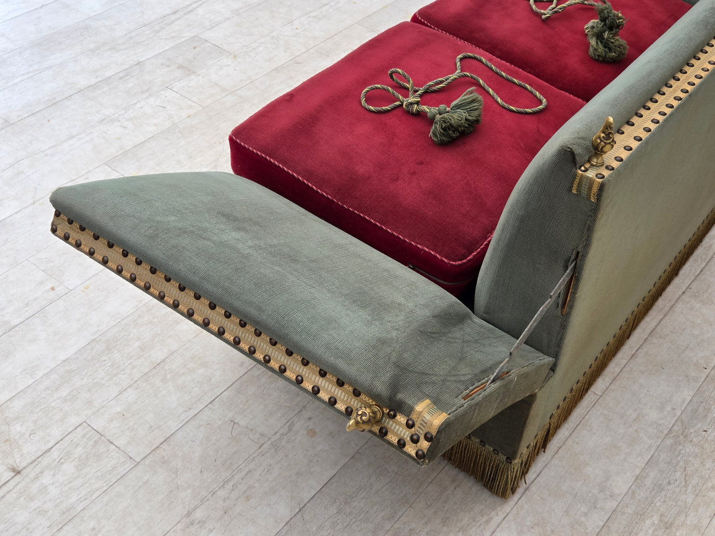 1970s, Danish 2-seater drop arm "Spanish" sofa, green and red velour.
