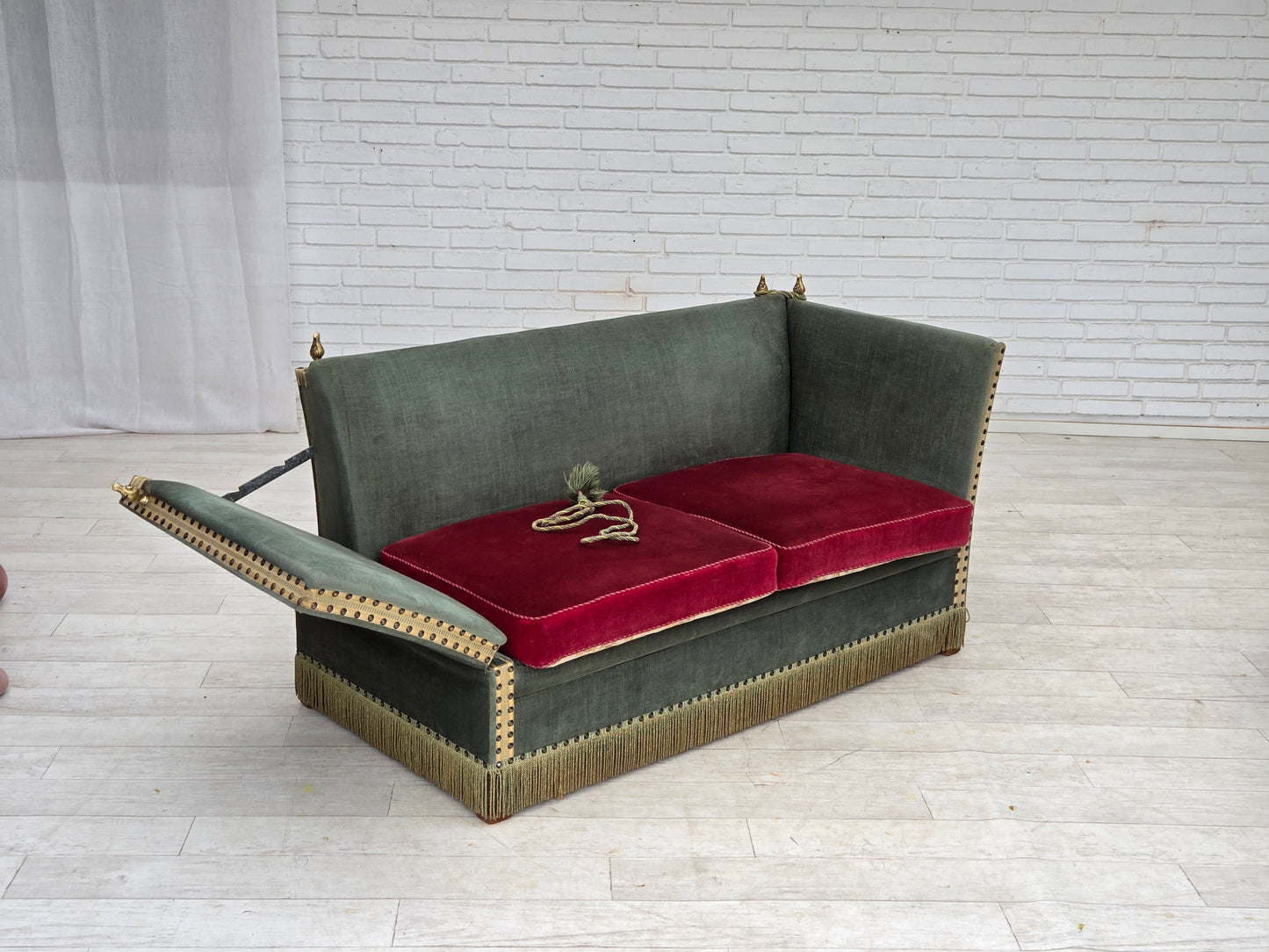 1970s, Danish 2-seater drop arm "Spanish" sofa, green and red velour.