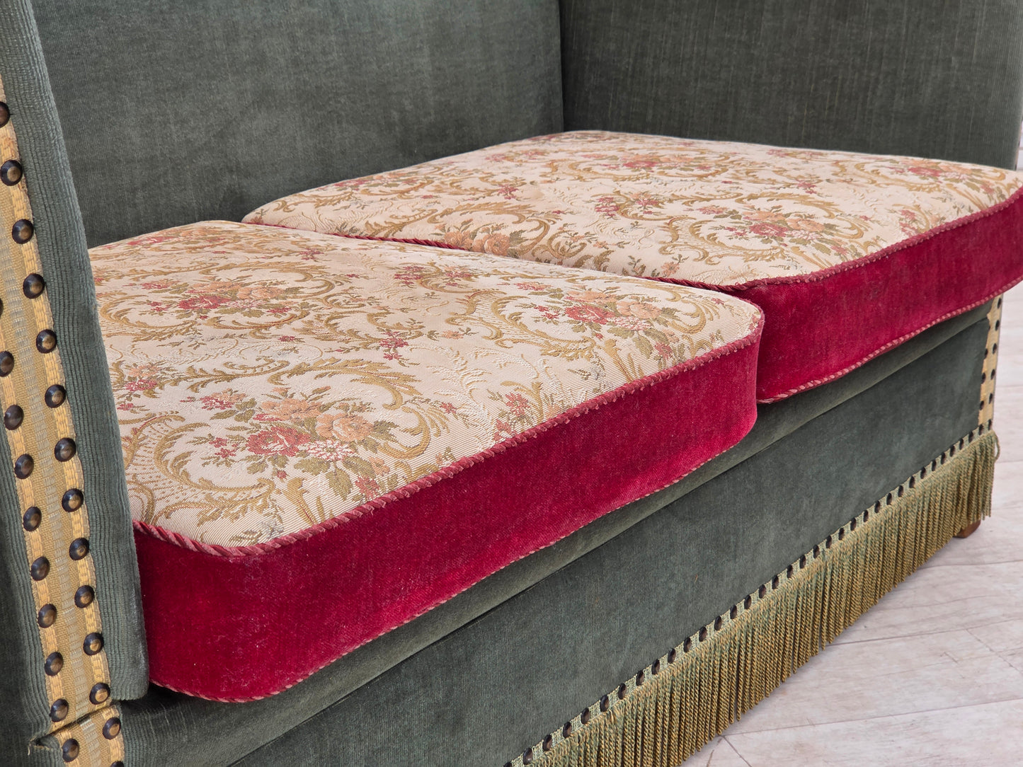 1970s, Danish 2-seater drop arm "Spanish" sofa, green and red velour.