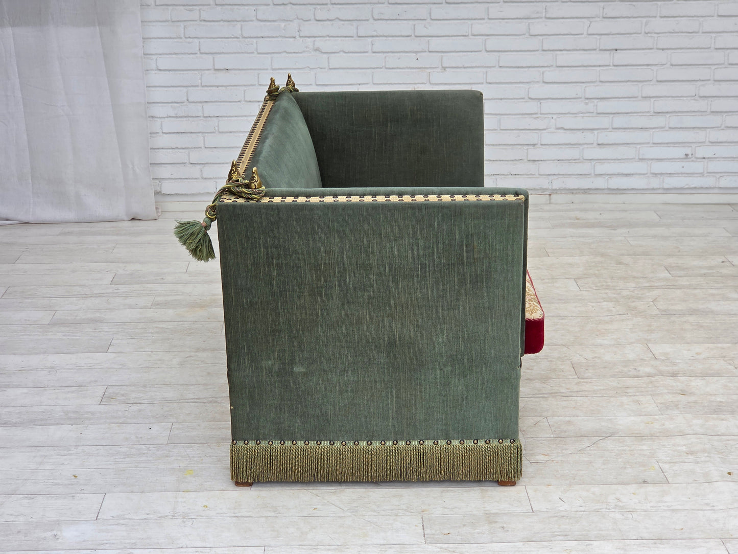 1970s, Danish 2-seater drop arm "Spanish" sofa, green and red velour.