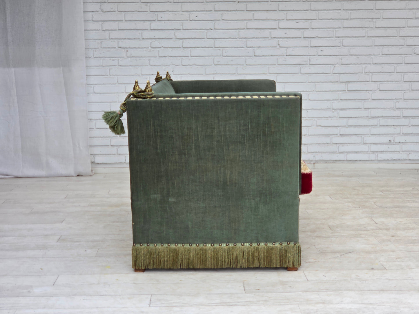 1970s, Danish 2-seater drop arm "Spanish" sofa, green and red velour.