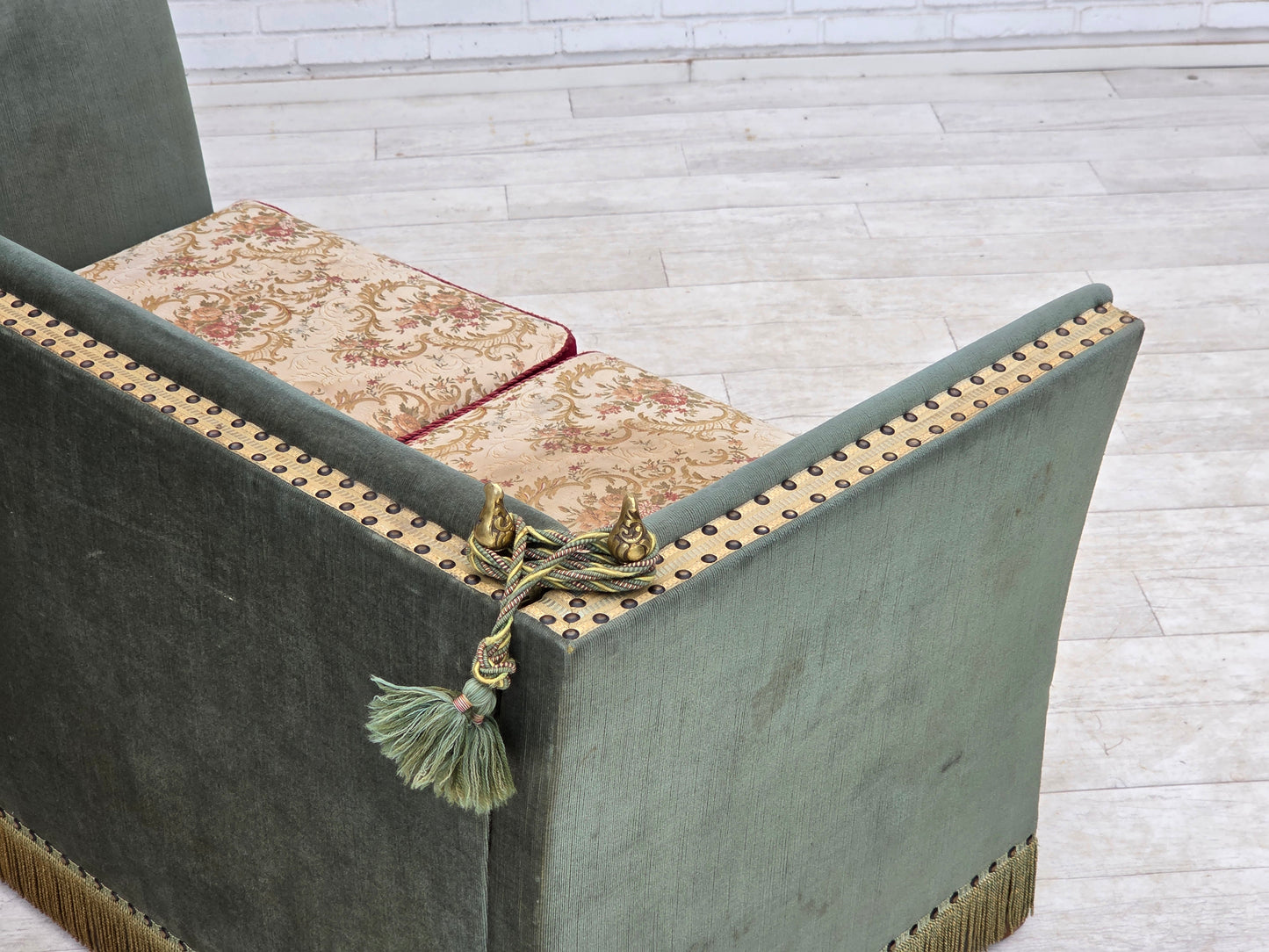 1970s, Danish 2-seater drop arm "Spanish" sofa, green and red velour.