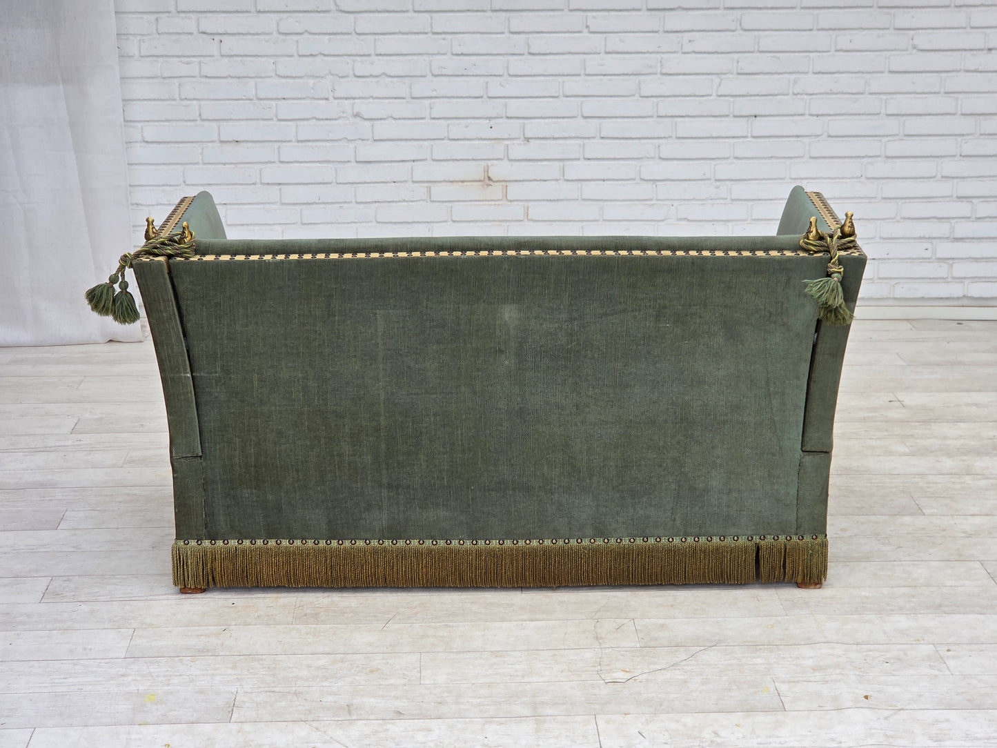 1970s, Danish 2-seater drop arm "Spanish" sofa, green and red velour.