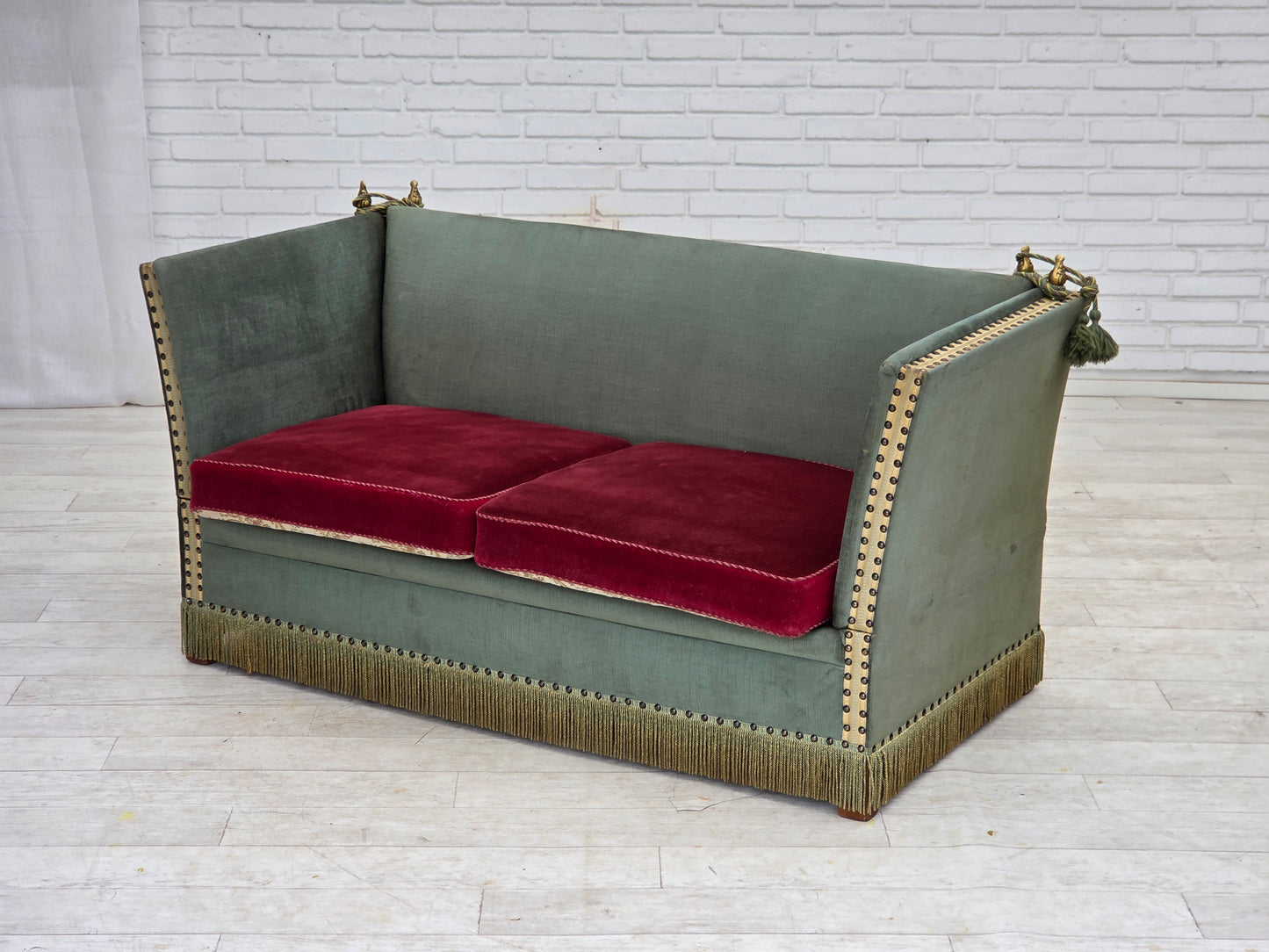 1970s, Danish 2-seater drop arm "Spanish" sofa, green and red velour.