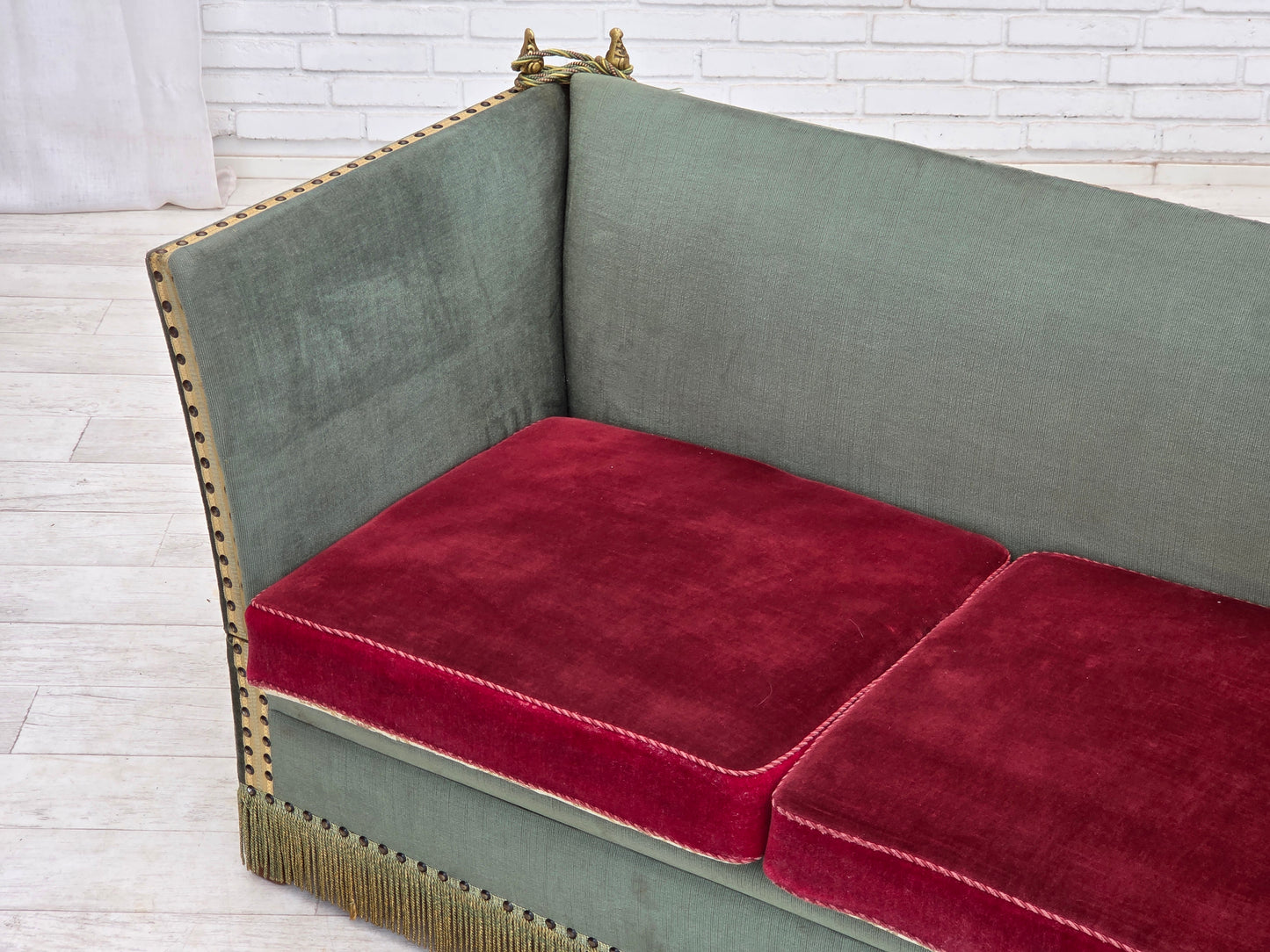 1970s, Danish 2-seater drop arm "Spanish" sofa, green and red velour.