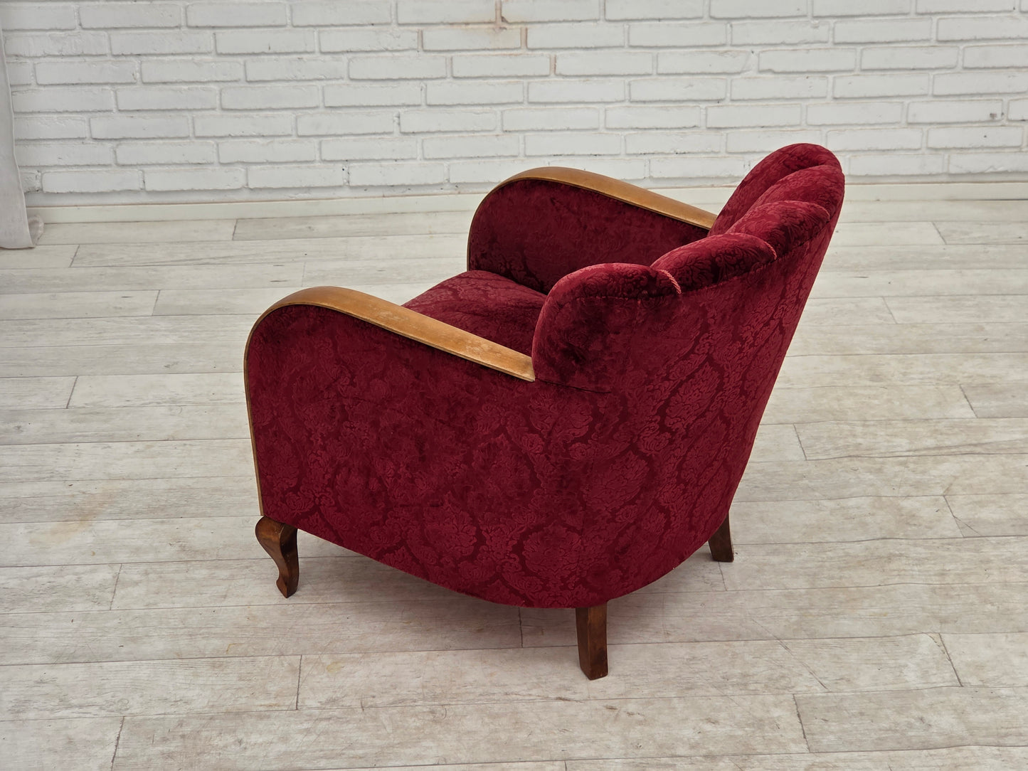 1960s, Danish armchair, cherry-red furniture velour.