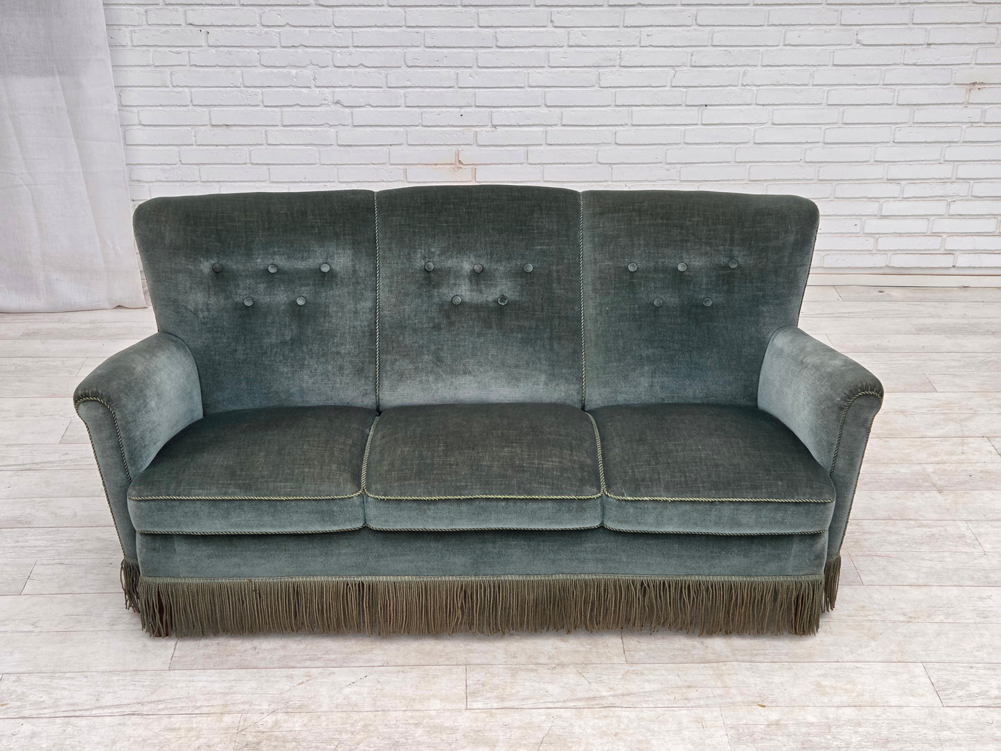 1960s, 3-seater Danish sofa, green furniture velour.