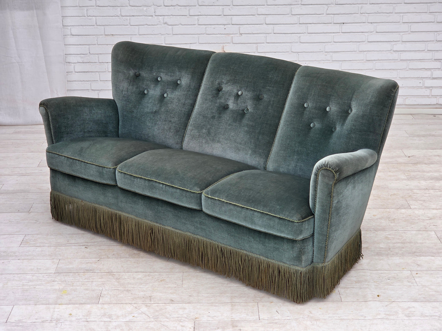 1960s, 3-seater Danish sofa, green furniture velour.