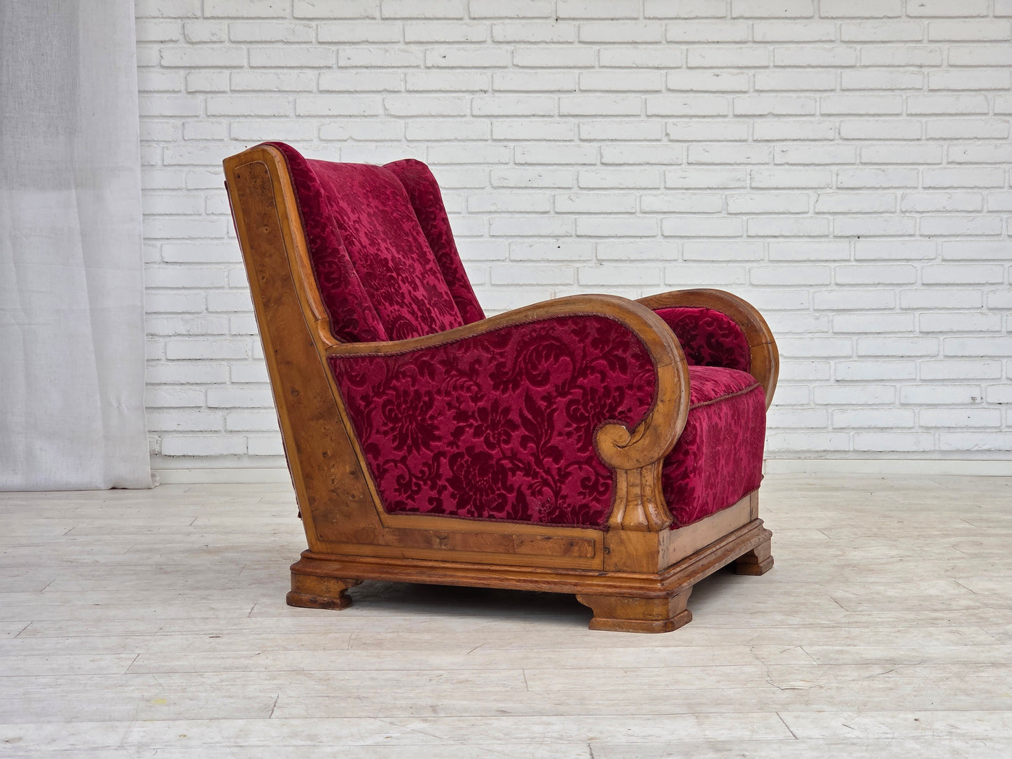 1950s, Danish relax armchair, red furniture velour, oak wood.