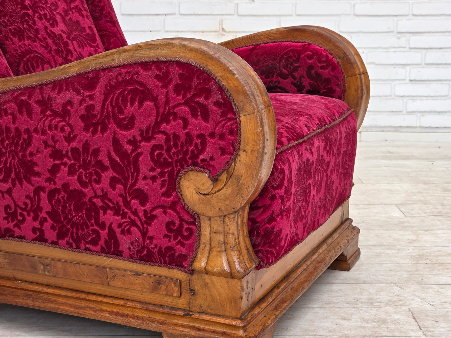 1950s, Danish relax armchair, red furniture velour, oak wood.