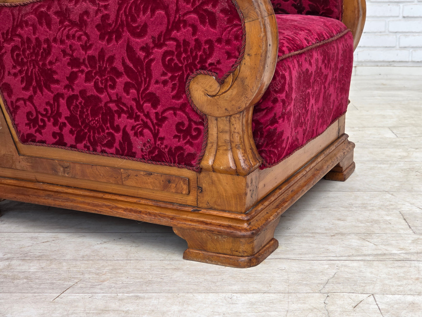 1950s, Danish relax armchair, red furniture velour, oak wood.