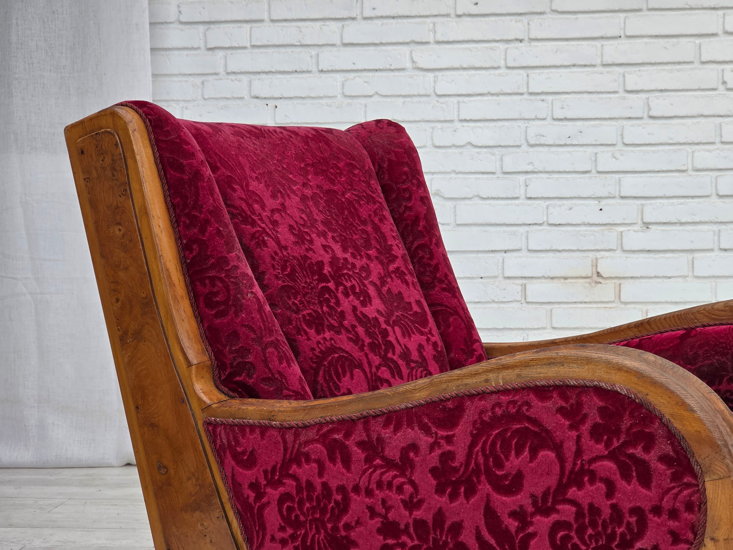 1950s, Danish relax armchair, red furniture velour, oak wood.