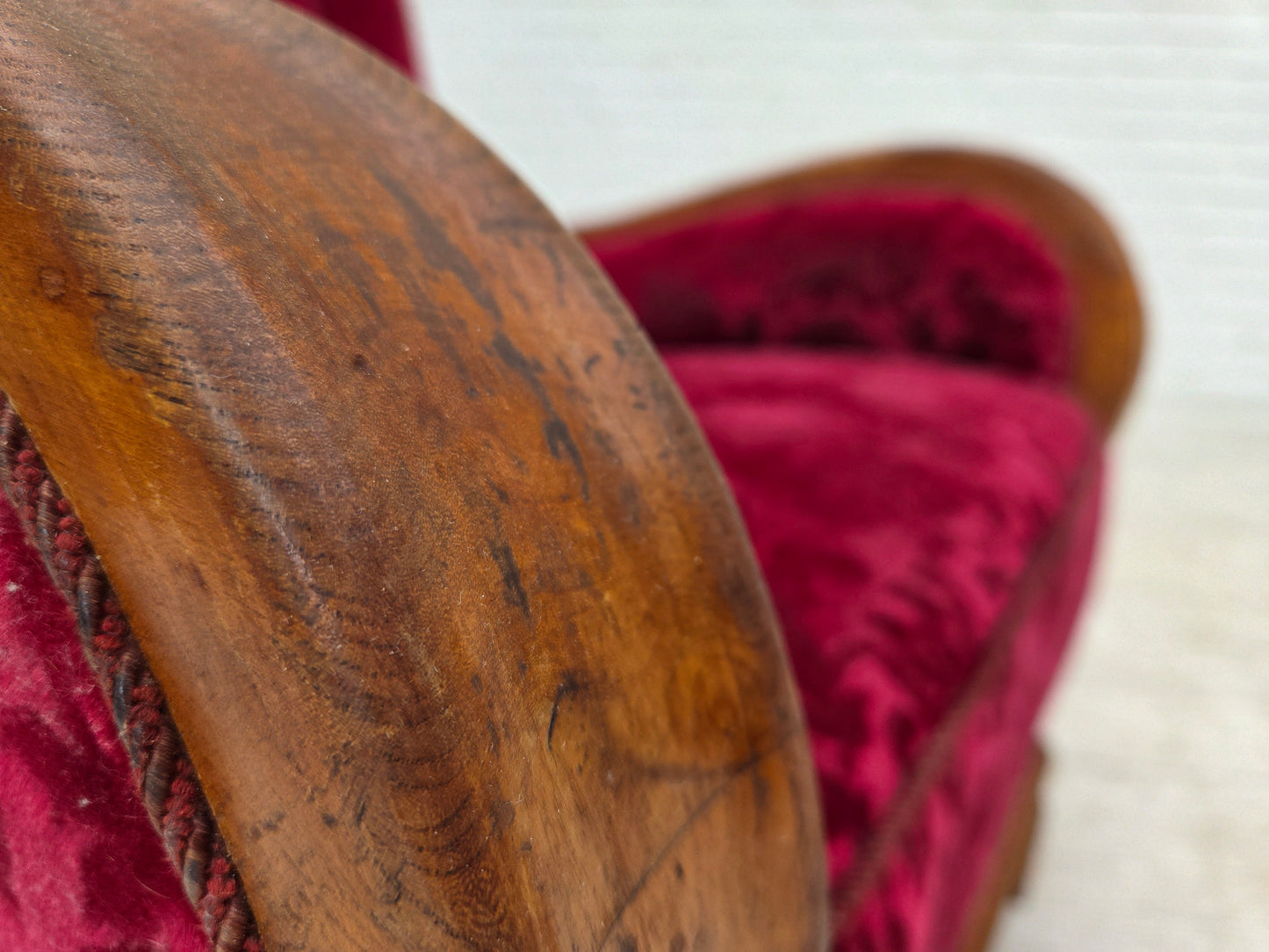 1950s, Danish relax armchair, red furniture velour, oak wood.