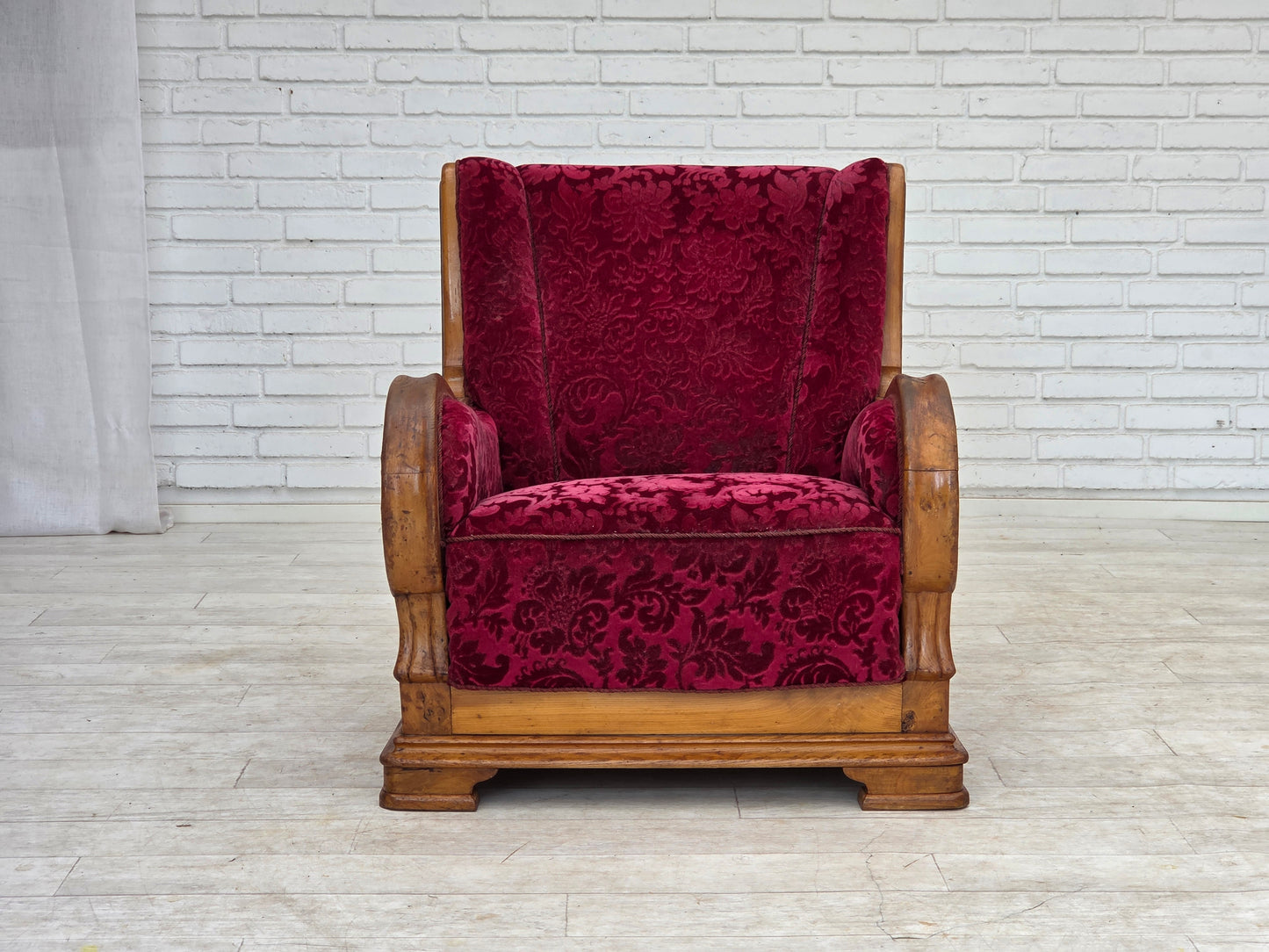 1950s, Danish relax armchair, red furniture velour, oak wood.