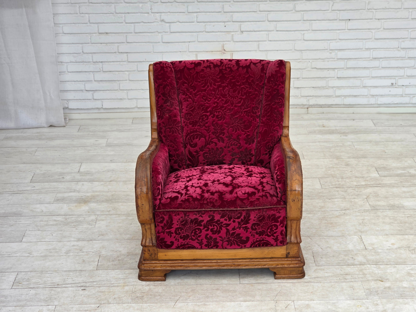 1950s, Danish relax armchair, red furniture velour, oak wood.