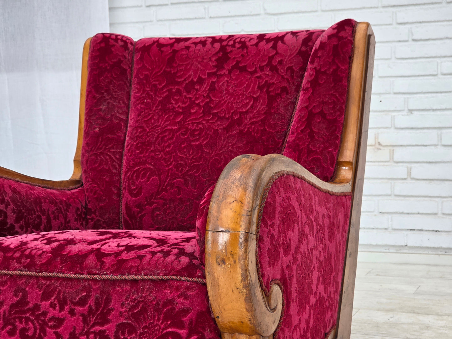 1950s, Danish relax armchair, red furniture velour, oak wood.