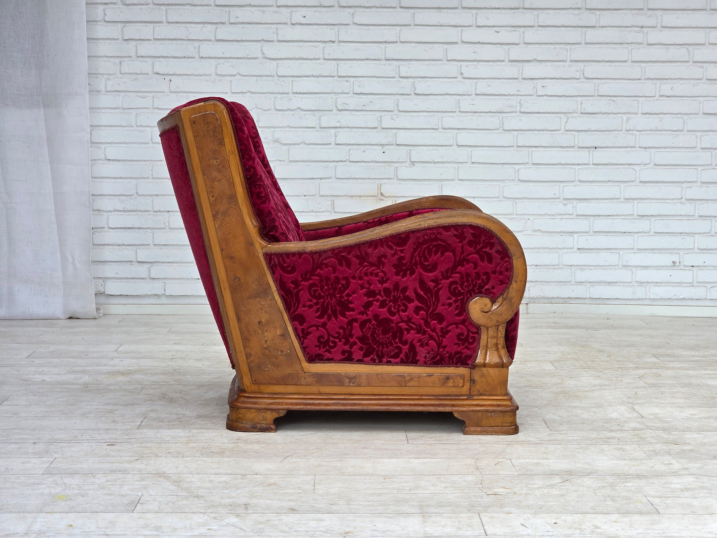 1950s, Danish relax armchair, red furniture velour, oak wood.
