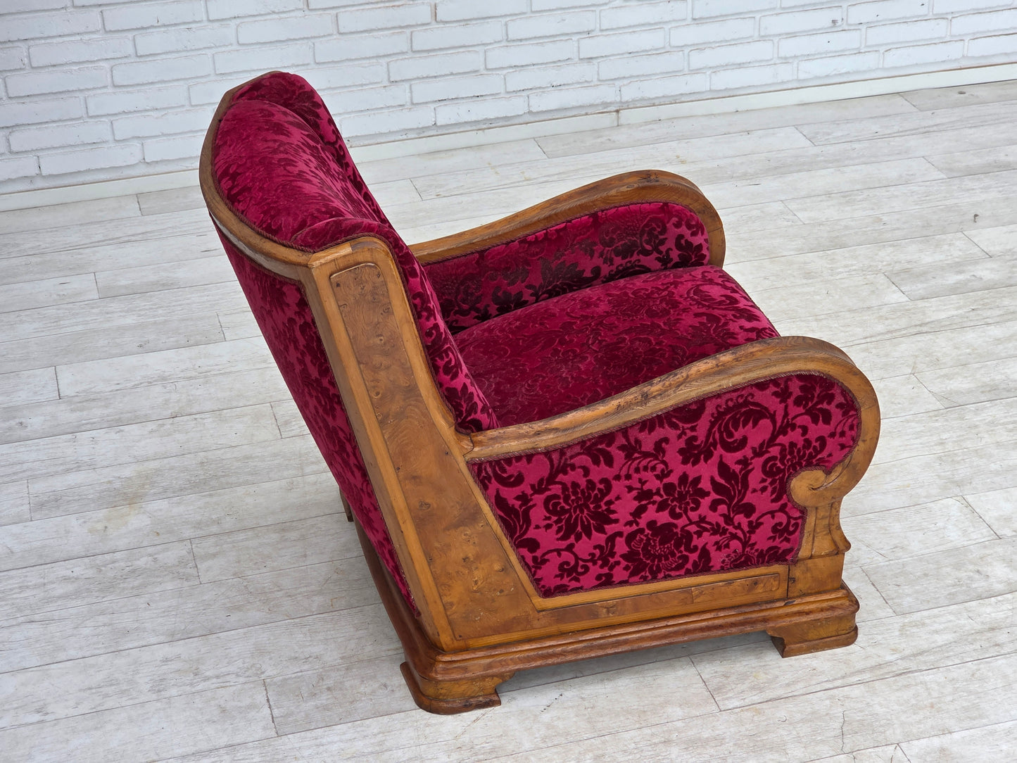 1950s, Danish relax armchair, red furniture velour, oak wood.
