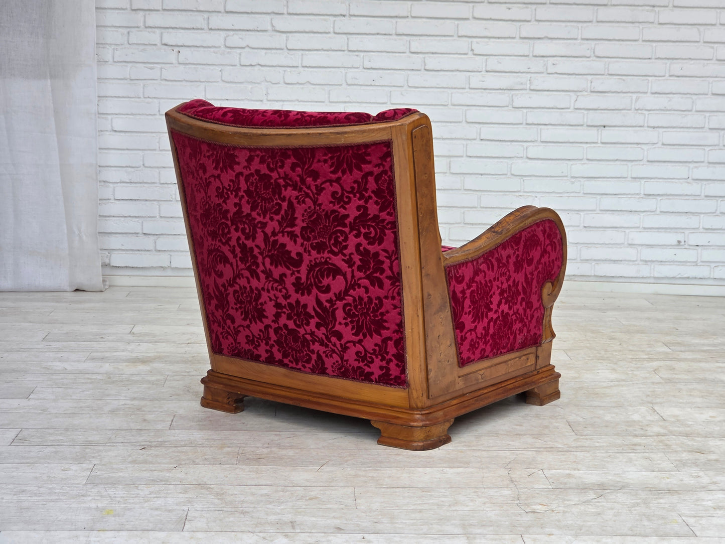 1950s, Danish relax armchair, red furniture velour, oak wood.