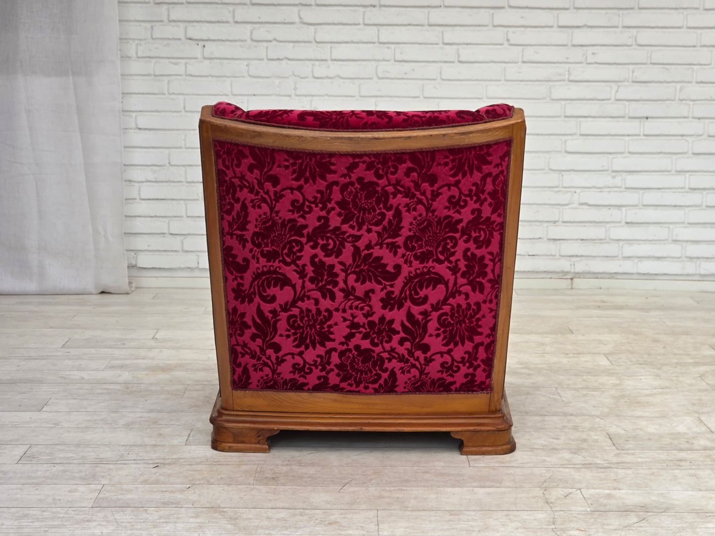 1950s, Danish relax armchair, red furniture velour, oak wood.