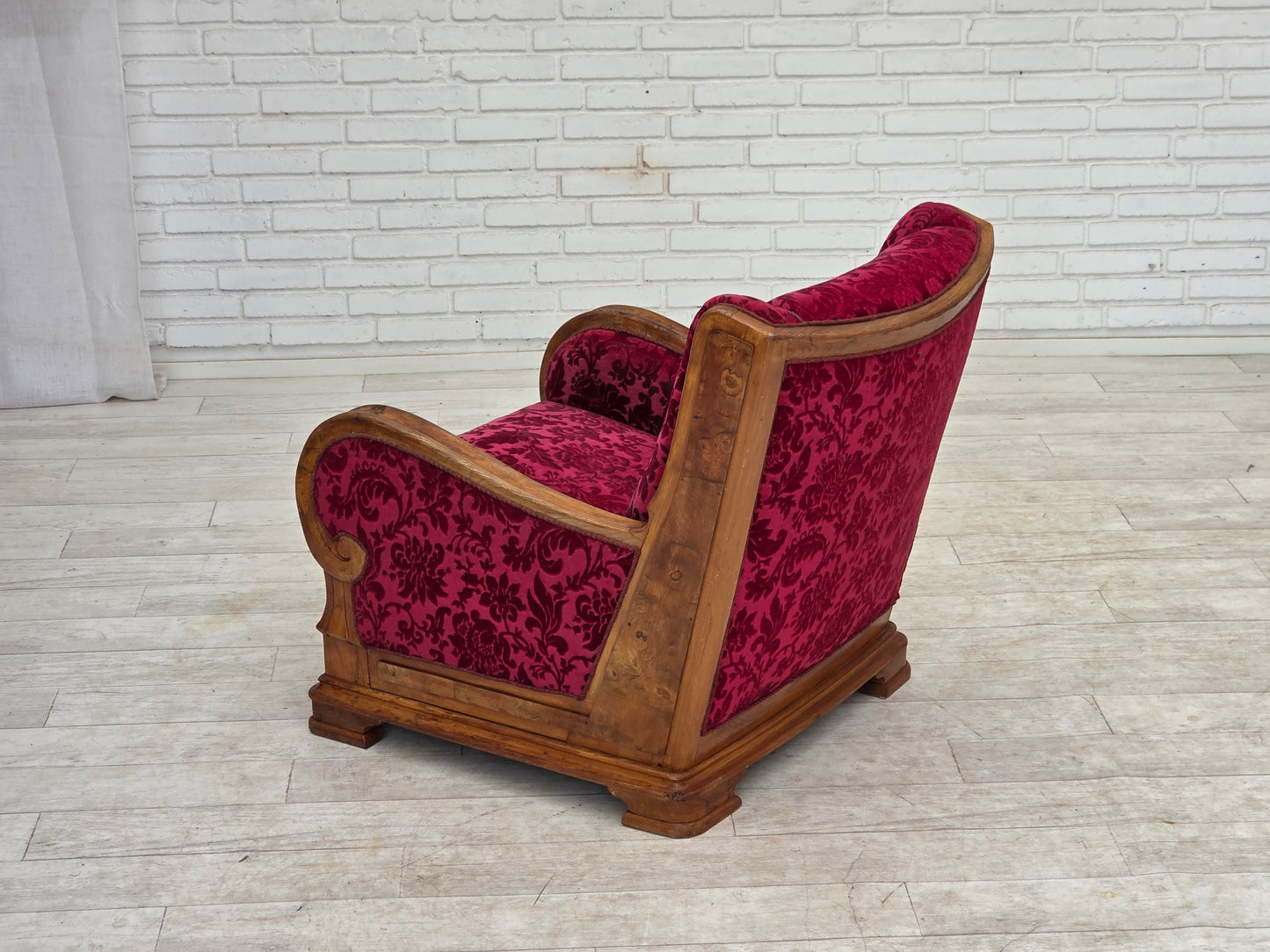 1950s, Danish relax armchair, red furniture velour, oak wood.