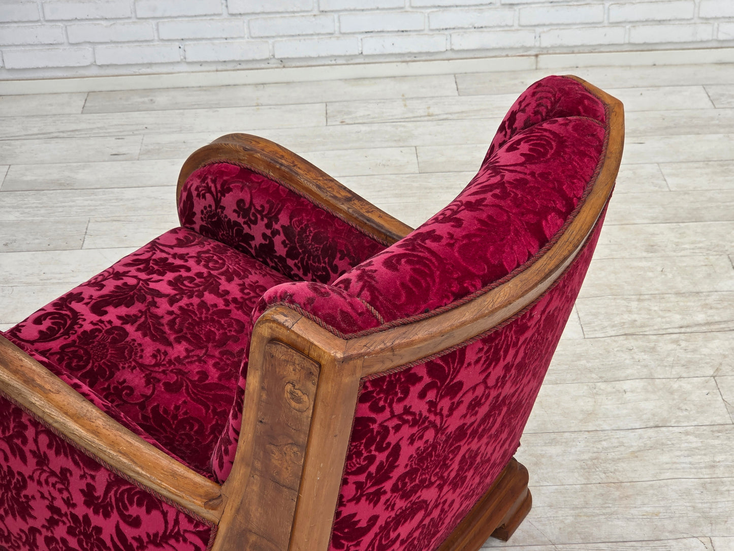 1950s, Danish relax armchair, red furniture velour, oak wood.