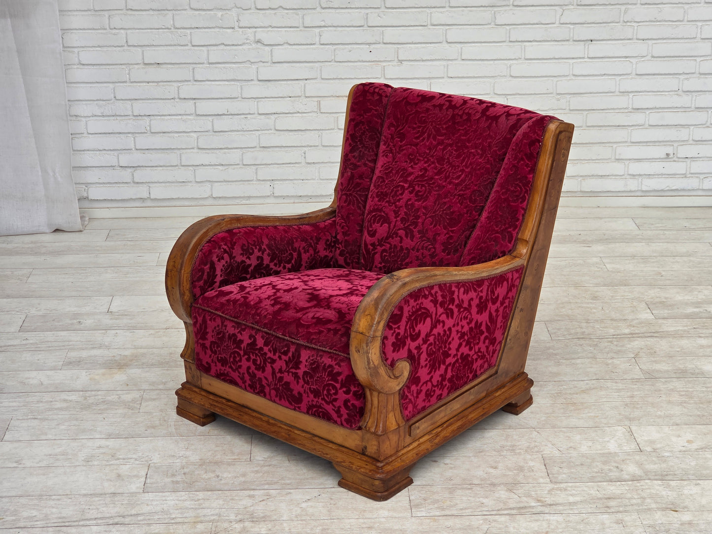 1950s, Danish relax armchair, red furniture velour, oak wood.