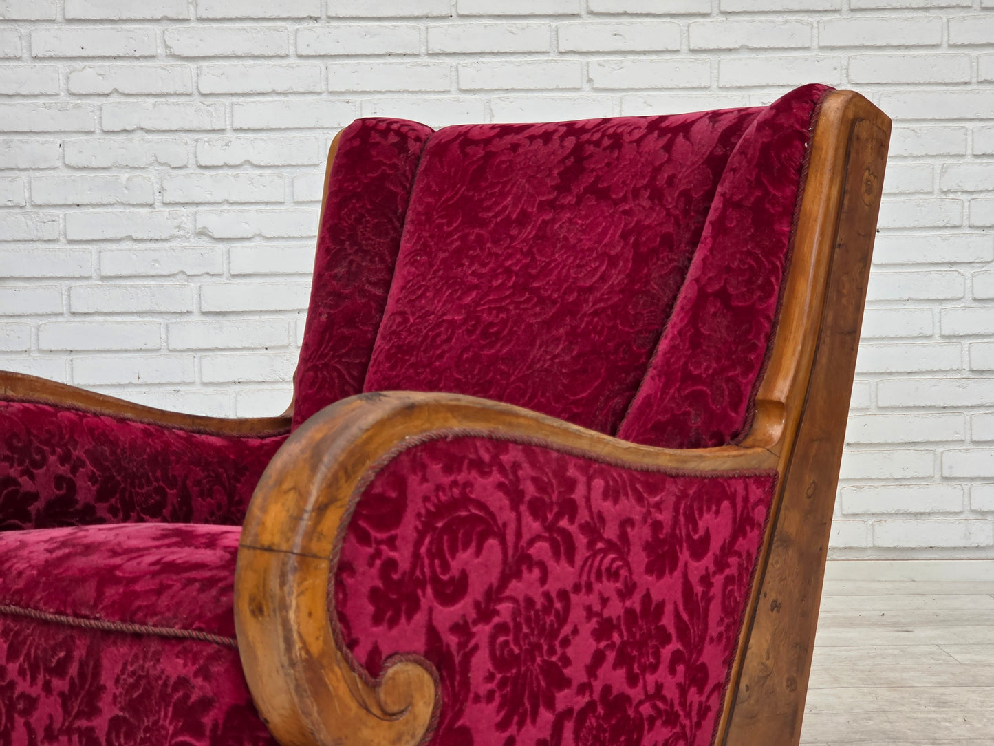 1950s, Danish relax armchair, red furniture velour, oak wood.