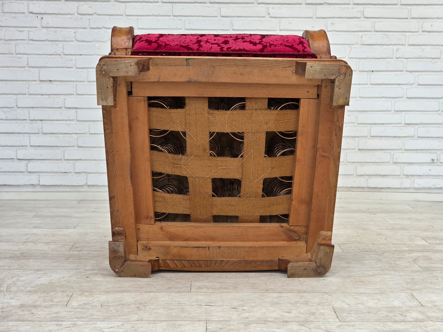 1950s, Danish relax armchair, red furniture velour, oak wood.