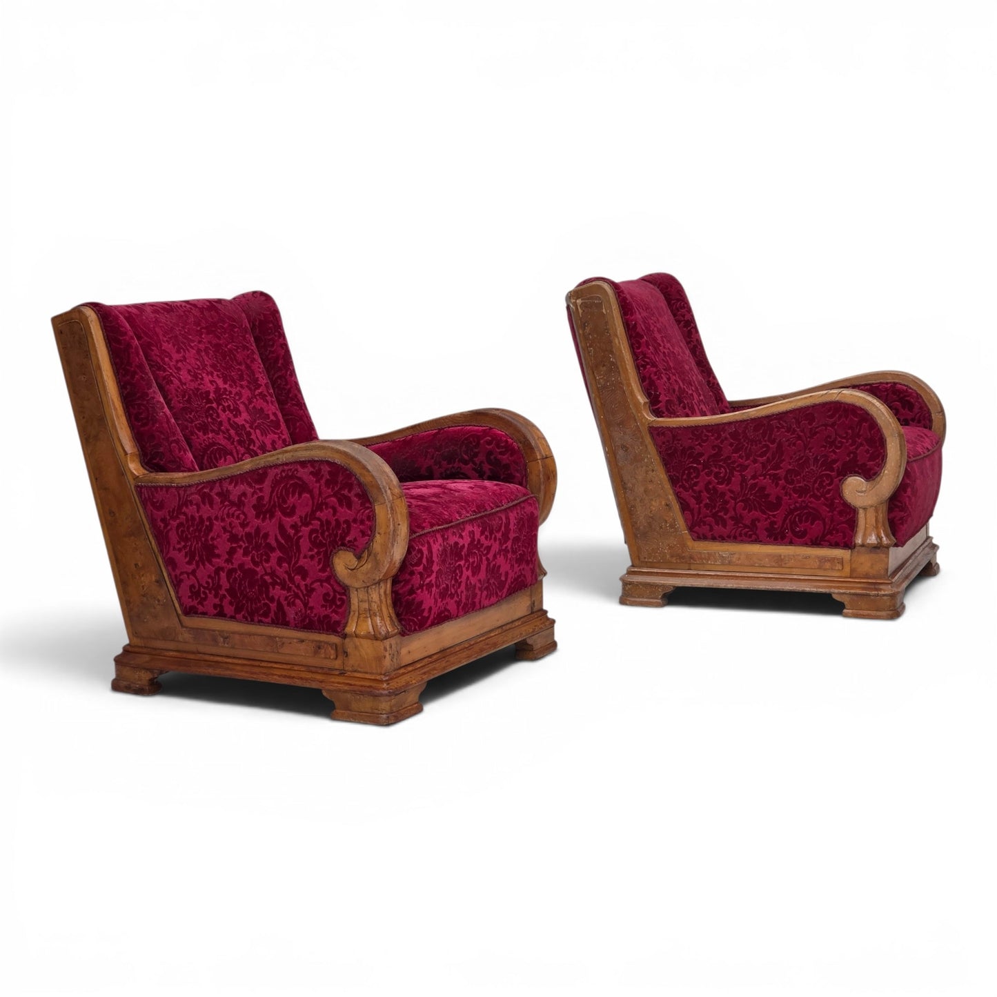 1950s, Danish relax armchair, red furniture velour, oak wood.