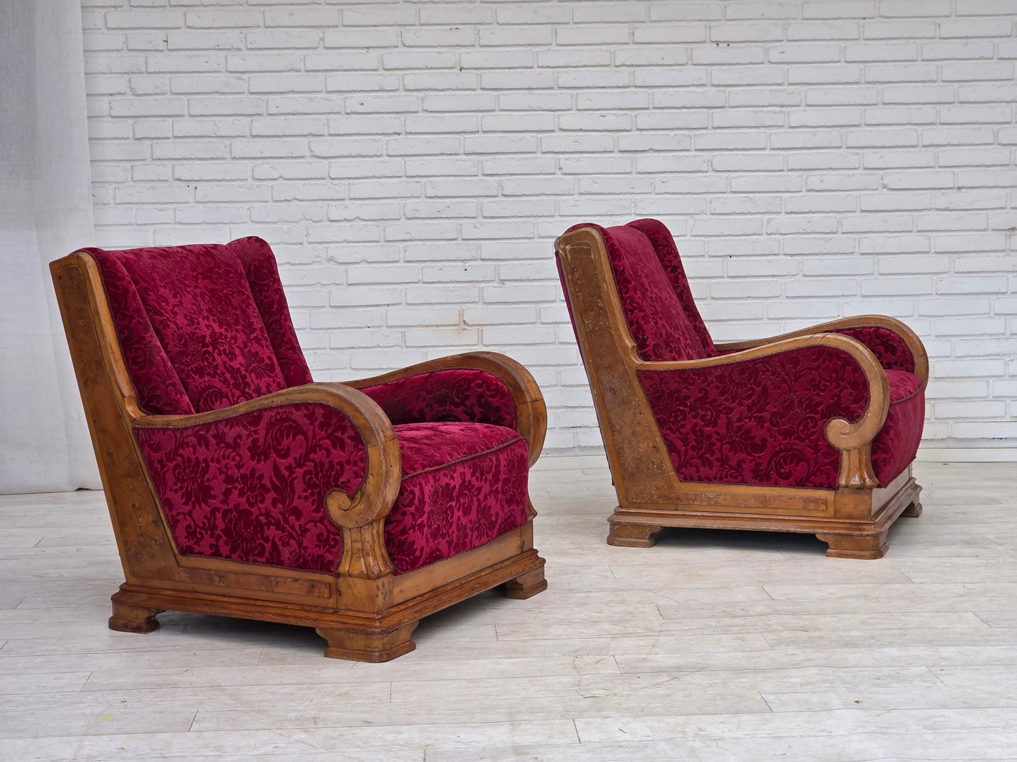 1950s, Danish relax armchair, red furniture velour, oak wood.