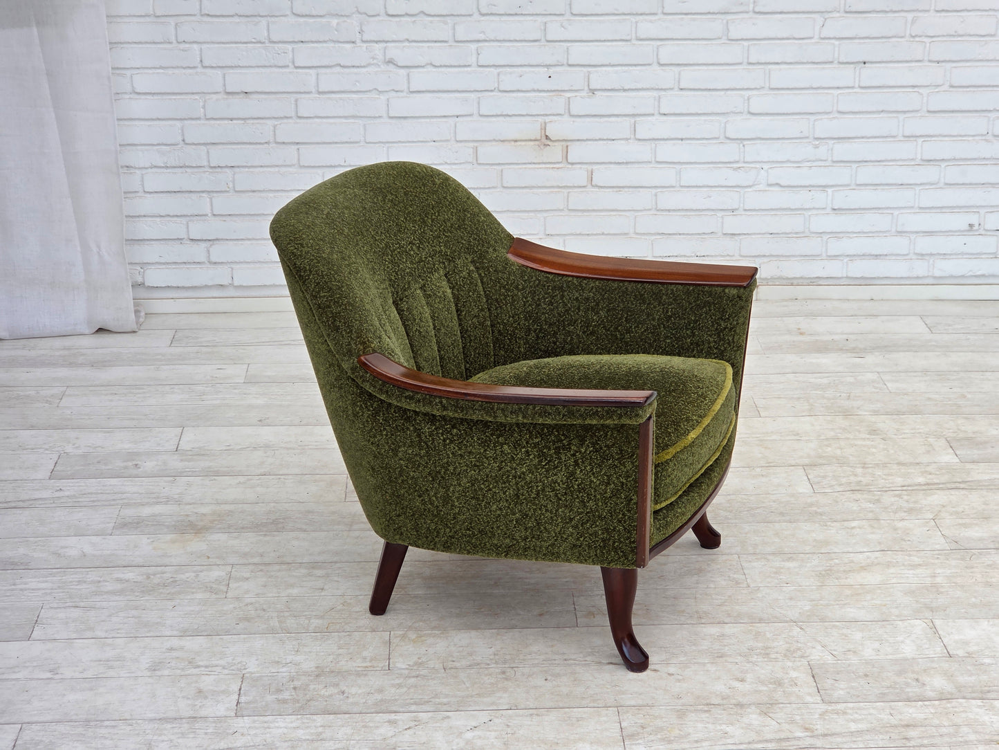 1970s, Norwegian armchair, green furniture fabric, teak wood.
