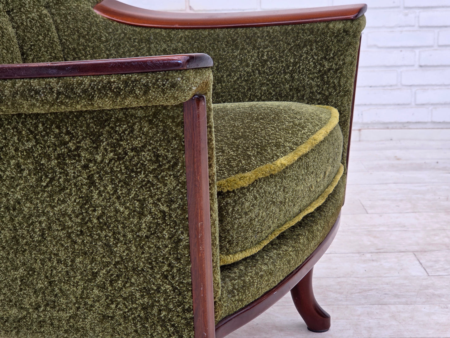 1970s, Norwegian armchair, green furniture fabric, teak wood.