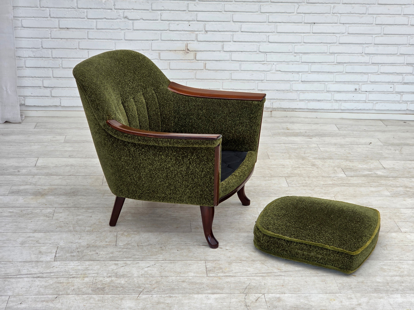 1970s, Norwegian armchair, green furniture fabric, teak wood.