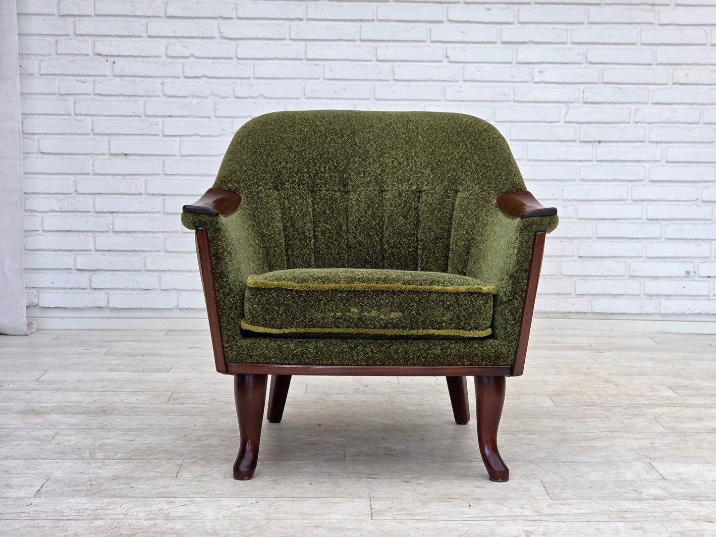 1970s, Norwegian armchair, green furniture fabric, teak wood.