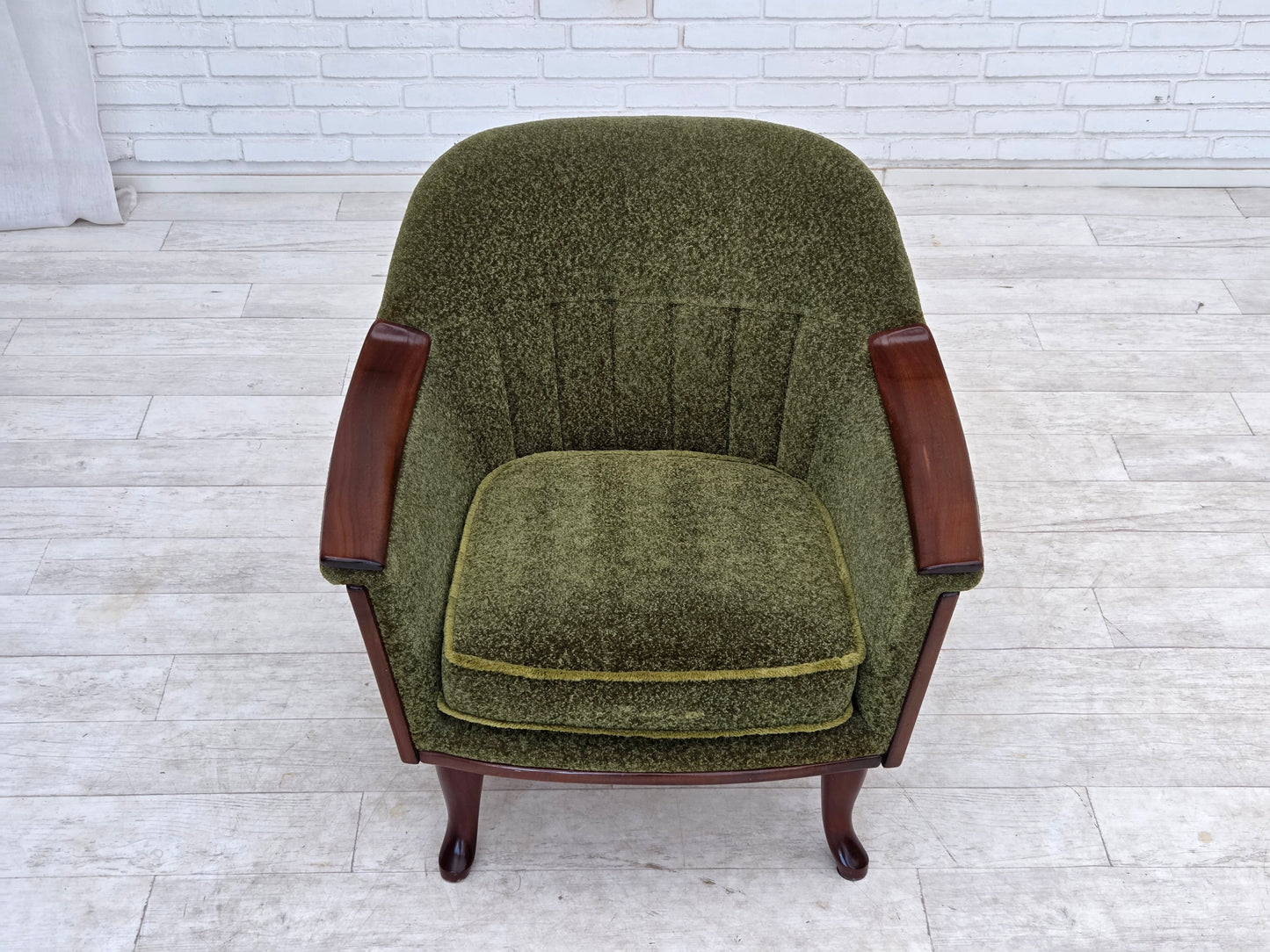 1970s, Norwegian armchair, green furniture fabric, teak wood.