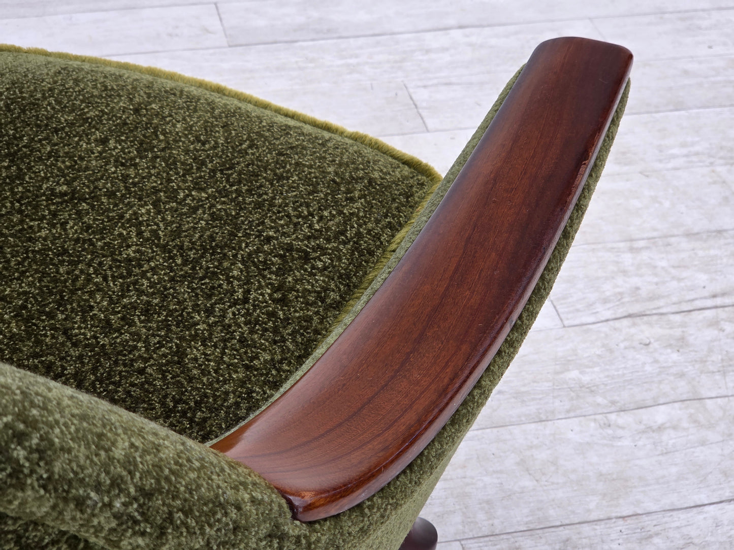 1970s, Norwegian armchair, green furniture fabric, teak wood.
