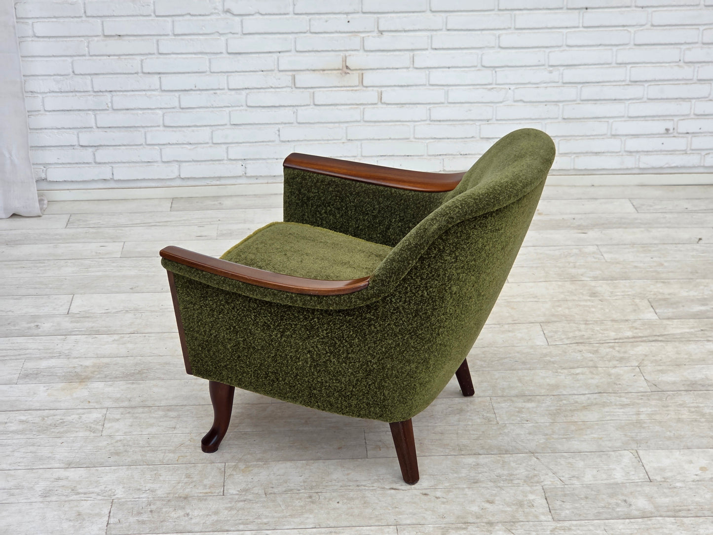 1970s, Norwegian armchair, green furniture fabric, teak wood.