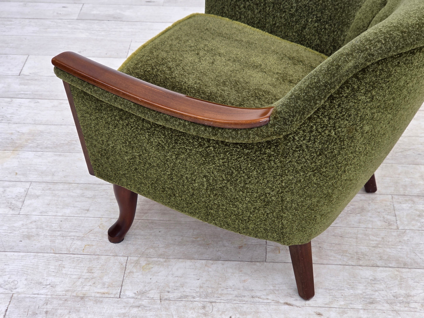1970s, Norwegian armchair, green furniture fabric, teak wood.