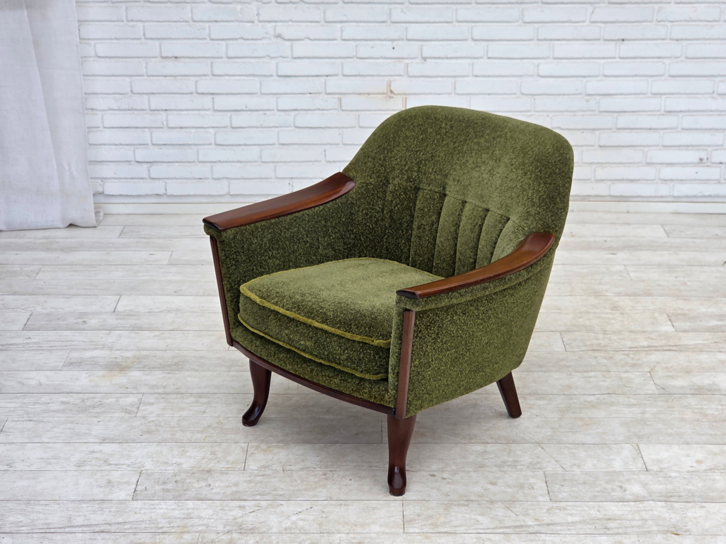 1970s, Norwegian armchair, green furniture fabric, teak wood.