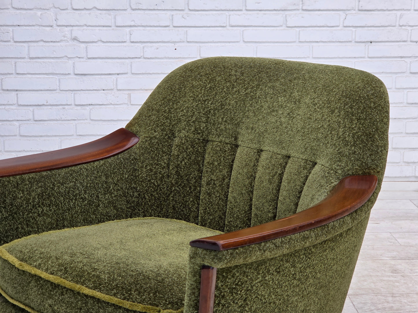 1970s, Norwegian armchair, green furniture fabric, teak wood.