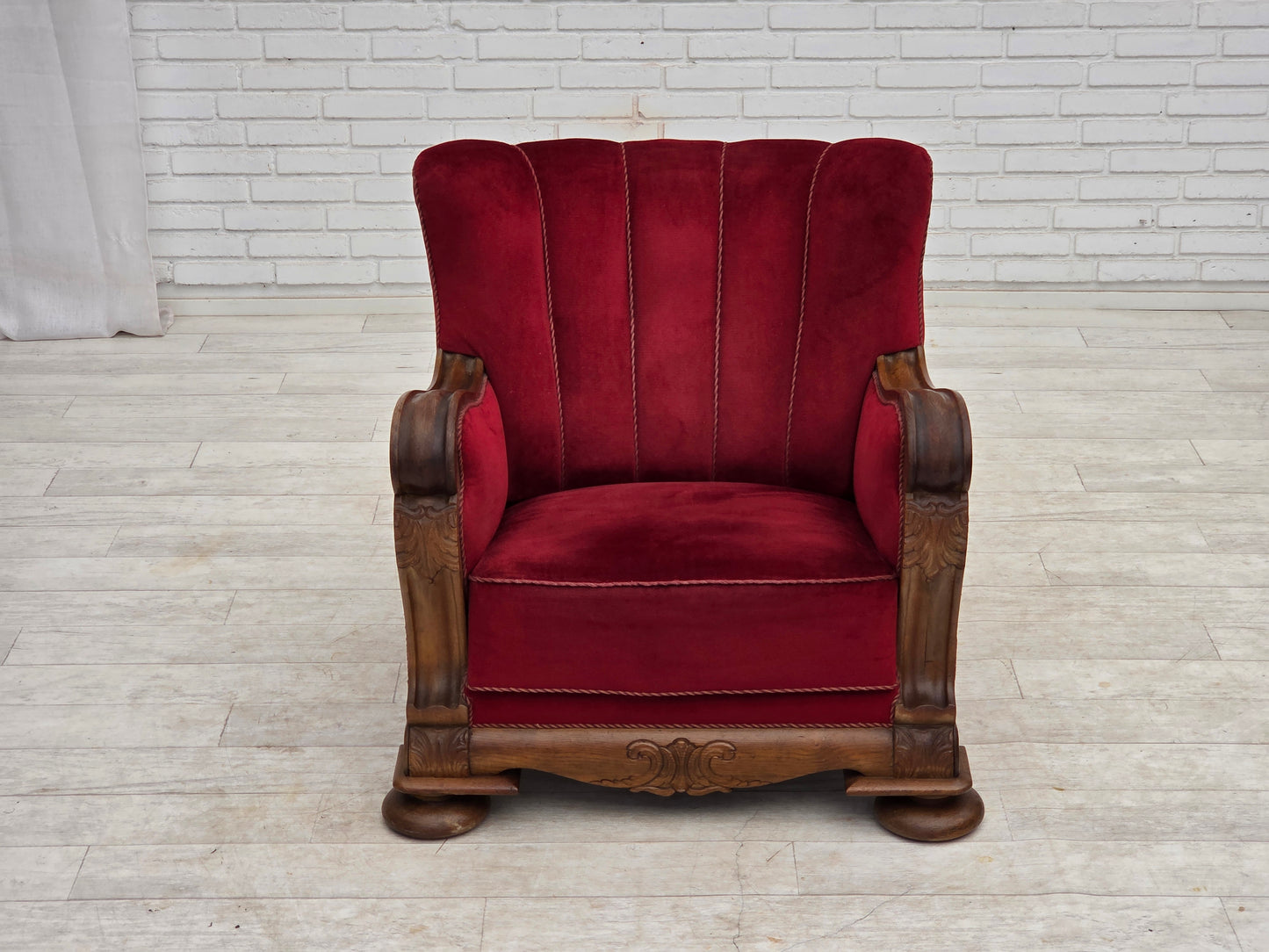 1950s, Danish relax armchair, furniture velour, carved oak wood.